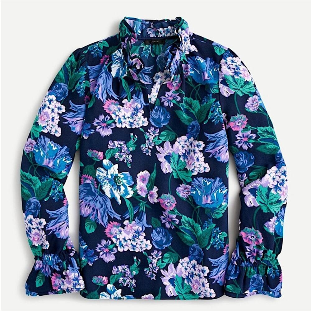 J. Crew Navy Floral Tie-Neck Blouse with Blue, Green, and Purple Flowers